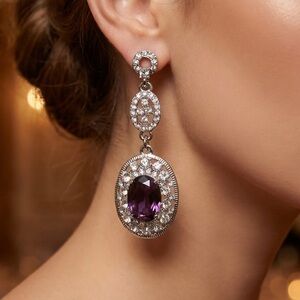 Elegant Silver w/Purple Crystal Halo Dangle Earrings